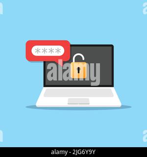Laptop con icona di notifica della password in stile piatto. Illustrazione del vettore di autenticazione su sfondo isolato. Firma di verifica accesso conc Illustrazione Vettoriale