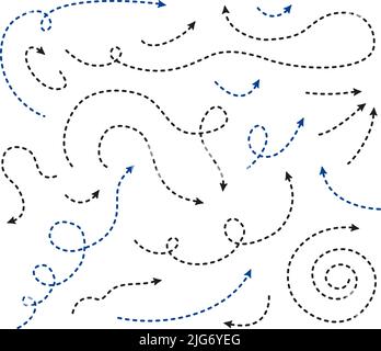 Frecce grandi e segni di direzione. Linea sottile tratteggiata con freccia. Linee tratteggiate con frecce, Illustrazione Vettoriale