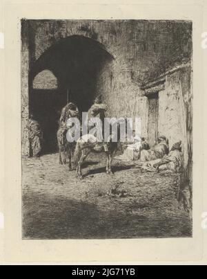 Guardie a cavallo all'ingresso della Kasbah in Tetuan, figure seduti a terra, ca. 1873. Foto Stock