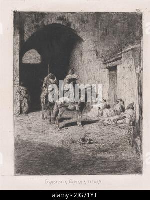 Ingresso alla Kasbah di Tetuan, figure sedute a terra, altri a cavallo, ca. 1873. Foto Stock