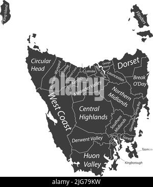 Mappa con tag grigio scuro delle aree governative locali DELLA TASMANIA, AUSTRALIA Illustrazione Vettoriale