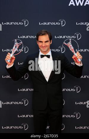 Roger Federer, giocatore di tennis numero mondiale 1, detiene ora il record per la maggior parte dei premi Laureus con Sportsman e Comeback Award, Laureus Awards 2018 Foto Stock