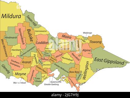 Mappa con tag pastello delle aree del governo locale DI VICTORIA, AUSTRALIA Illustrazione Vettoriale