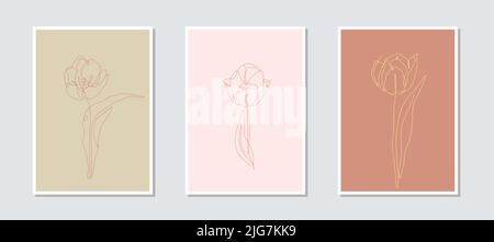 Set di 3 una linea singola che disegna i fiori di tulipano sulla mascherina della scheda di sfondo terroso Illustrazione Vettoriale
