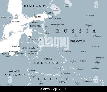 Stati baltici e Kaliningrad Oblast, mappa politica grigia. Dalla Finlandia alla Polonia, e dall'esclave russo Kaliningrad alla Russia europea. Foto Stock