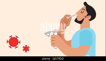Uomo di profilo che prende un campione con un tampone nasale. Auto-test a casa con kit di antigene per testare la sua positività al coronavirus o covid-19. Illustrazione Vettoriale