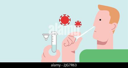 Ritratto del profilo uomo prelievo di un campione con tampone nasale di cotone. Autotest antigenico a casa dimostrazione. Covid-19 o rilevamento della positività del coronavirus. Illustrazione Vettoriale