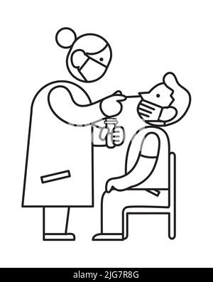 Medico o medico che prende un campione su un uomo con un tampone nasale di cotone. Test per coronavirus PCR o antigene covid-19. Bianco e nero minimalista. Illustrazione Vettoriale