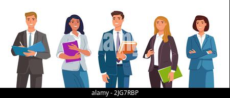 Gruppo di uomini d'affari. Uomini e donne coinvolti in attività di ufficio. Uomo d'affari e donna d'affari in stile cartoon piatto Illustrazione Vettoriale