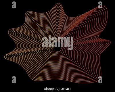 Cerchio bianco astratto con colori, arancio, giallo, rosso, linee curve ondulate, texture dell'onda sonora isolata su sfondo nero. Illustrazione Vettoriale