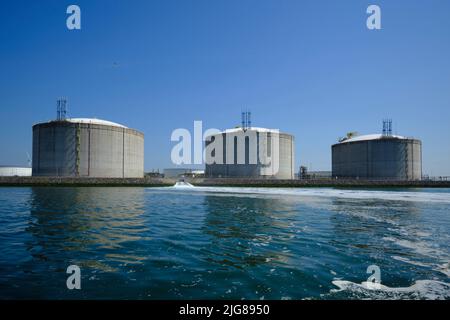 ROTTERDAM / PAESI BASSI - produzione industriale di fabbriche, raffinerie, magazzini, gru nel terminal di gate del gas naturale liquefatto (GNL) della p Foto Stock