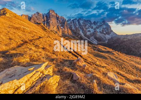 Italia, Veneto, Belluno, Falcade. Pallido di San Martino al tramonto visto dalla sella di Venegia, Dolomiti Foto Stock
