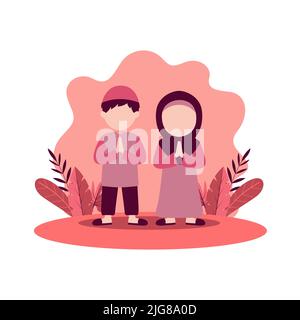 Una coppia musulmana in abiti tradizionali contro uno sfondo giardino in rosso Illustrazione Vettoriale