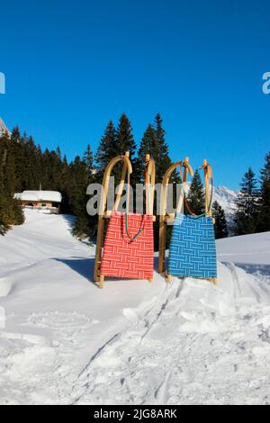 Pista per slittini Hoher Sattel, due slitte, capanna del cacciatore, paesaggio invernale, natura, Ahrn, Leutasch, Scharnitz, Seefeld, Tirolo, Austria Foto Stock