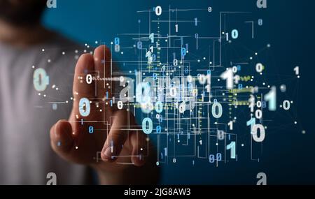 Primo piano di finder maschili che toccano linee e punti astratti - il concetto di cyberspazio digitale e di dati Foto Stock