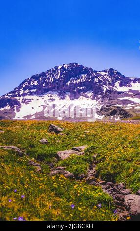 Un colpo verticale della cima settentrionale della montagna Aragats che domina la valle colorata in Armenia Foto Stock