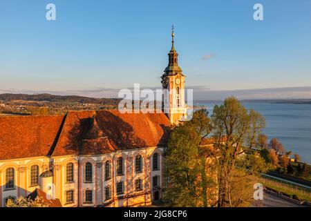 Pellegrinaggio Birnau al tramonto, Unteruhldingen, Lago di Costanza, Baden-Württemberg, Germania Foto Stock