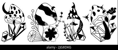 Collezione funghi mistici con cristalli, luna, stelle e foglie. Fungo magico su sfondo bianco. Simbolo esoterico mistico.illustrazione vettoriale. Illustrazione Vettoriale