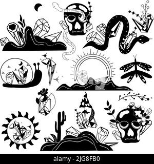 Elementi mistici ed esoterici. Cristalli magici, stelle, gemme, serpente, fiori e foglie, cranio witchcraft con serpente. Simbolo boemo.illustrazione vettoriale. Illustrazione Vettoriale