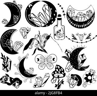 Elementi mistici. Luna magica con cristalli, funghi, stelle e foglie. Witchcraft luna su sfondo bianco. Simbolo esoterico mistico.illustrazione vettoriale. Illustrazione Vettoriale