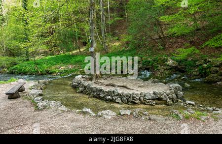 L'Echaz è un fiume lungo 23 km che sorge sull'Albtrauf a sud di Honau. Honau è un distretto del comune di Lichtenstein. Foto Stock