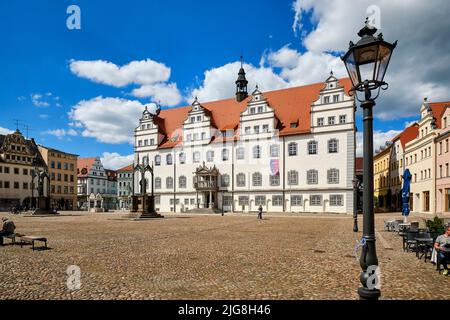 Mercato con municipio a Wittenberg, Sassonia-Anhalt, Germania, Europa Foto Stock