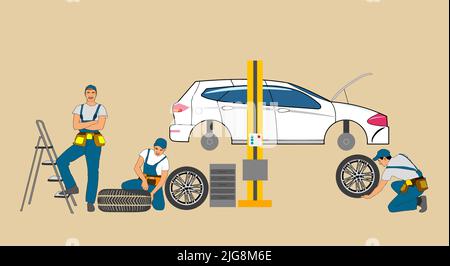 Servizio di riparazione automatica. Panoramica officina auto, team meccanici in garage fare ispezione tecnica e diagnostica digitale auto, cambiare le ruote vettore Illustrazione Vettoriale