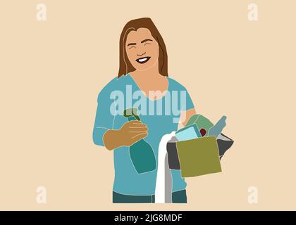 Impresa di pulizia personale in uniforme, set di due pose. La donna dei cartoni animati di detergente con il pollice fino gesto e con benna piena di detergenti. Vettore Illustrazione Vettoriale