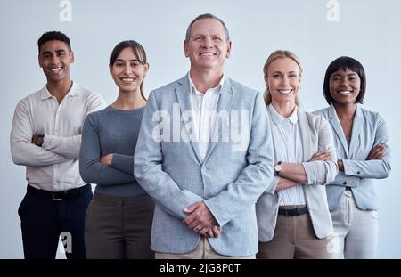 Dimentica il resto, prova a lavorare con il meglio. Ritratto di un gruppo di uomini d'affari che lavorano in un ufficio moderno. Foto Stock