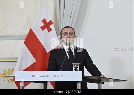 Vienna, Austria. 8th luglio 2022. Dichiarazione stampa del primo ministro georgiano Irakli Garibashvili nella Cancelleria federale di Vienna Foto Stock