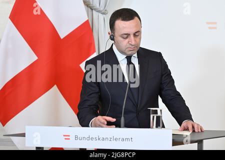 Vienna, Austria. 8th luglio 2022. Dichiarazione stampa del primo ministro georgiano Irakli Garibashvili nella Cancelleria federale di Vienna Foto Stock