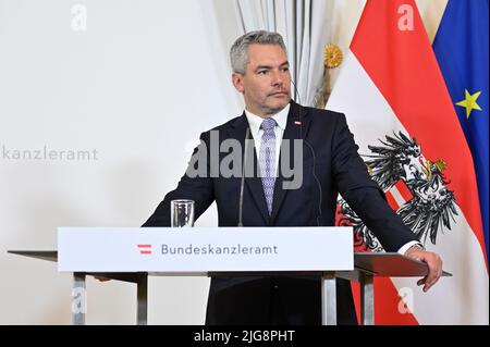 Vienna, Austria. 8th luglio, 2022. Comunicato stampa del Cancelliere federale Karl Nehammer (ÖVP) nella Cancelleria federale di Vienna Foto Stock