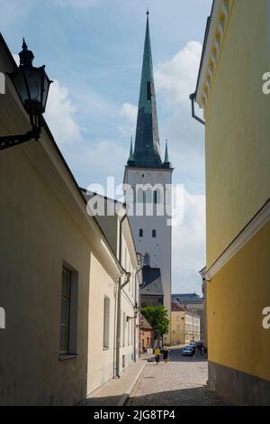 Tallinn, Estonia. Luglio 2022. Il campanile della chiesa di San Olav nel centro della città Foto Stock