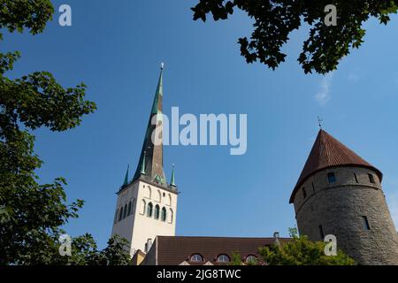 Tallinn, Estonia. Luglio 2022. Il campanile della chiesa di San Olav nel centro della città Foto Stock