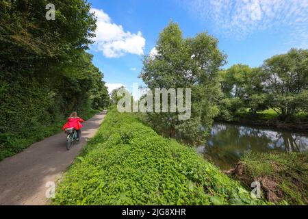 Schwerte, Renania settentrionale-Vestfalia, Germania - i ciclisti si fermano sul percorso ciclabile della Valle della Ruhr lungo il fiume Ruhr. Foto Stock