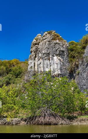 Formazioni rocciose, gita in barca sul Fiume Khao Daeng, Parco Nazionale Khao Sam Roi Yot, Provincia di Prachuap Khiri Khan, Thailandia, Asia Foto Stock