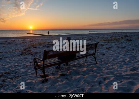 Ragazzo seduto su una panchina sulla spiaggia guardando il tramonto, la spiaggia del Mar Baltico, Vitte, Hiddensee Island, Meclemburgo-Pomerania occidentale, Germania Foto Stock