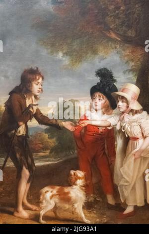 Dipinto dal titolo 'Ritratto dei bambini di Sir Francis Ford che dà una moneta a un Beggar Boy' di William Beechey datato 1793 Foto Stock