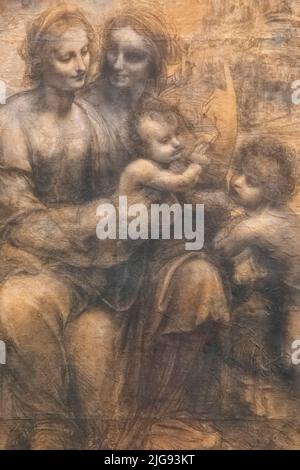 Disegno della Vergine col Bambino con Sant'Anna e San Giovanni Battista' (la Casa di Burlington Cartoon) dell'artista italiano Leonardo da Vinci datato circa 1499-1500 Foto Stock