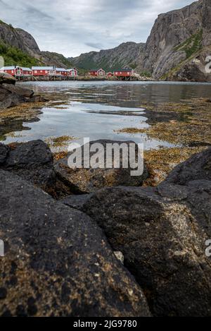 Rorbu, villaggio di Nusfjord, Isole Lofoten, Norvegia Foto Stock