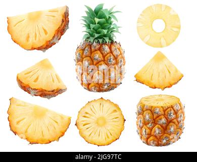 Raccolta di pezzi di frutta di ananas isolati su sfondo bianco Foto Stock