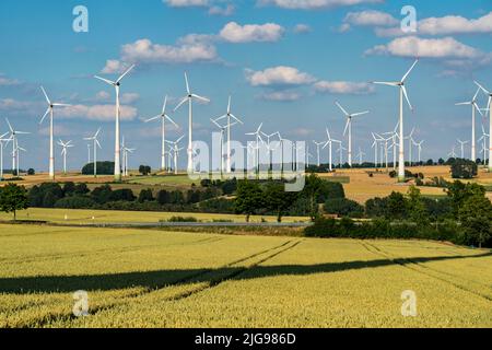 Wind farm vicino alla città della Westfalia orientale di Energiestadt Lichtenau, azienda agricola con impianto fotovoltaico, oltre 80 turbine eoliche su questa collina Foto Stock