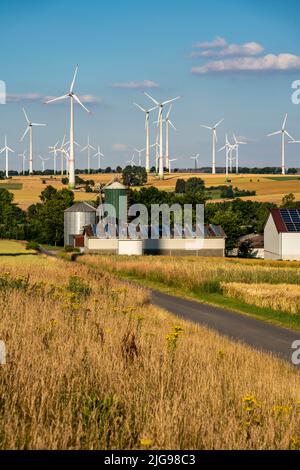 Wind farm vicino alla città della Westfalia orientale di Energiestadt Lichtenau, azienda agricola con impianto fotovoltaico, oltre 80 turbine eoliche su questa collina Foto Stock