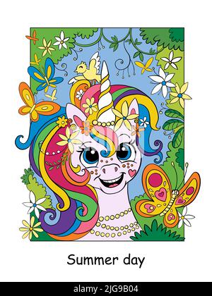Simpatico unicorno da sogno con fiori e farfalle. Vettore colorato cartoon illustrazione isolato su sfondo bianco. Per libro da colorare, istruzione, p Illustrazione Vettoriale