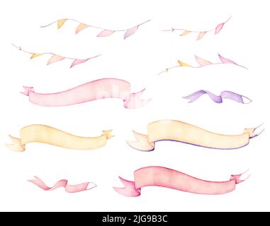 Set nastri. Colori rosa chiaro, giallo, viola. Acquerello. Elementi isolati. Sfondo bianco Foto Stock