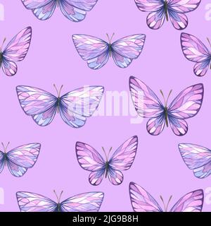 Le farfalle astratte sono rosa e viola. Illustrazione dell'acquerello. Motivi senza cuciture da un grande set Lavender SPA. Per tessuti, tessuti, carta da parati Foto Stock