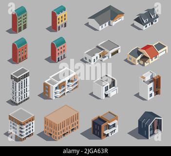 Edifici urbani suburbani insieme isometrico con icone isolate di case cittadine moderne e bassi edifici illustrazione vettoriale Illustrazione Vettoriale