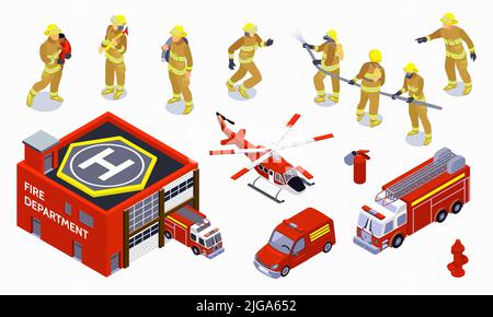 Icone isometriche a colori per vigili del fuoco impostate con speciale warden per il trasporto e brigata di professionisti in lavoro illustrazione vettoriale isolata Illustrazione Vettoriale