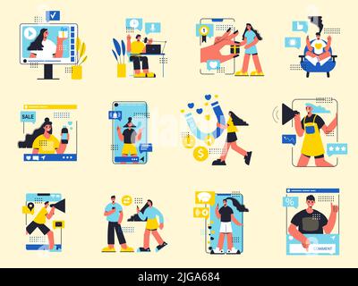 Influencer marketing set di colori di persone che rappresentano il nuovo prodotto da smartphone attraverso i canali sociali personali isolato flat vettoriale illustrazione Illustrazione Vettoriale