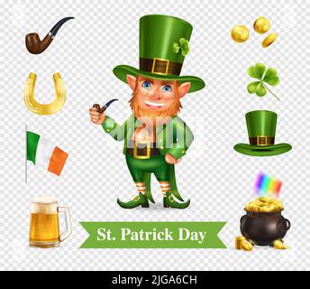 Saint patrick accessori vacanza trasparente set di cappello verde fumo tubo tazza di birra pentola piena di monete d'oro realistico illustrazione vettoriale Illustrazione Vettoriale